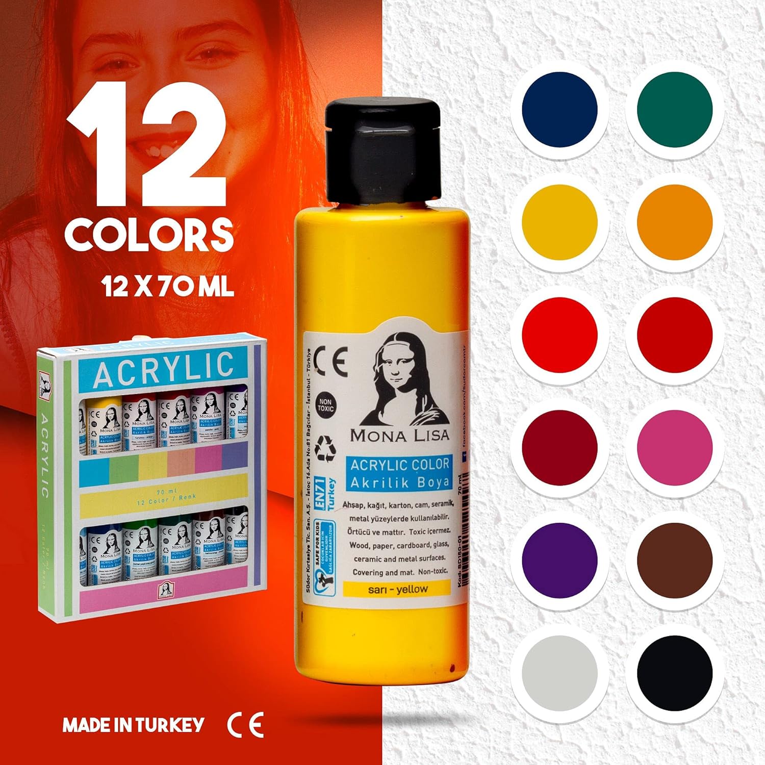 Acrylic Paint Set – 12 X 70 Ml Non-Toxic, Waterproof Colors For Kids, Beginners & Hobby Artists | Works On Canvas, Wood & Stone