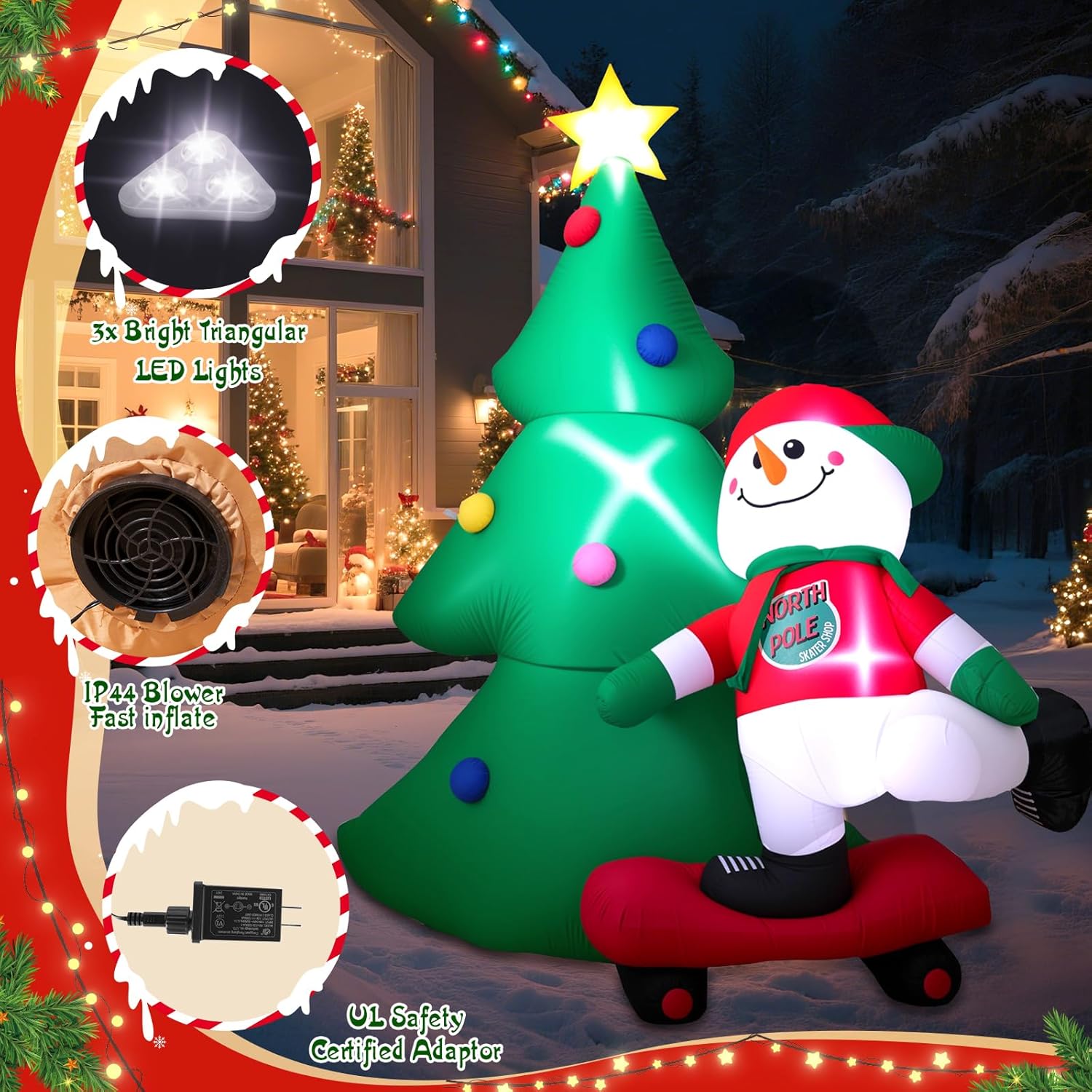 7 Ft Christmas Inflatable Snowboarding Snowman With Tree, Outdoor Yard Decoration With Built-In Led Lights, Blow Up Xmas
