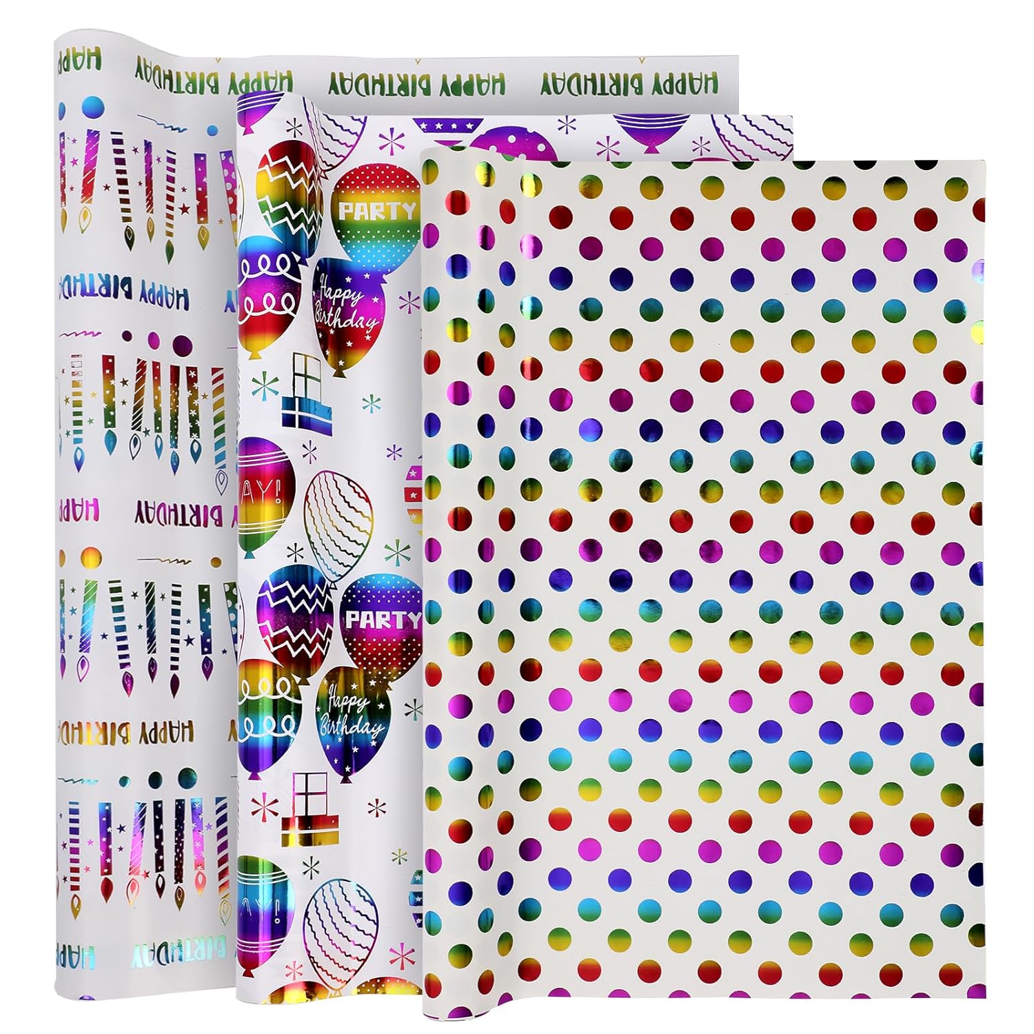 Happy Birthday Wrapping Paper Roll, 3 Pack Mini Rolls Gift Wrap Sheet, Rainbow Design With Polka Dots, Balloons & Candles On White Foil For Kids Presents, 17 Inch X 120 Inch (10 Feet)
