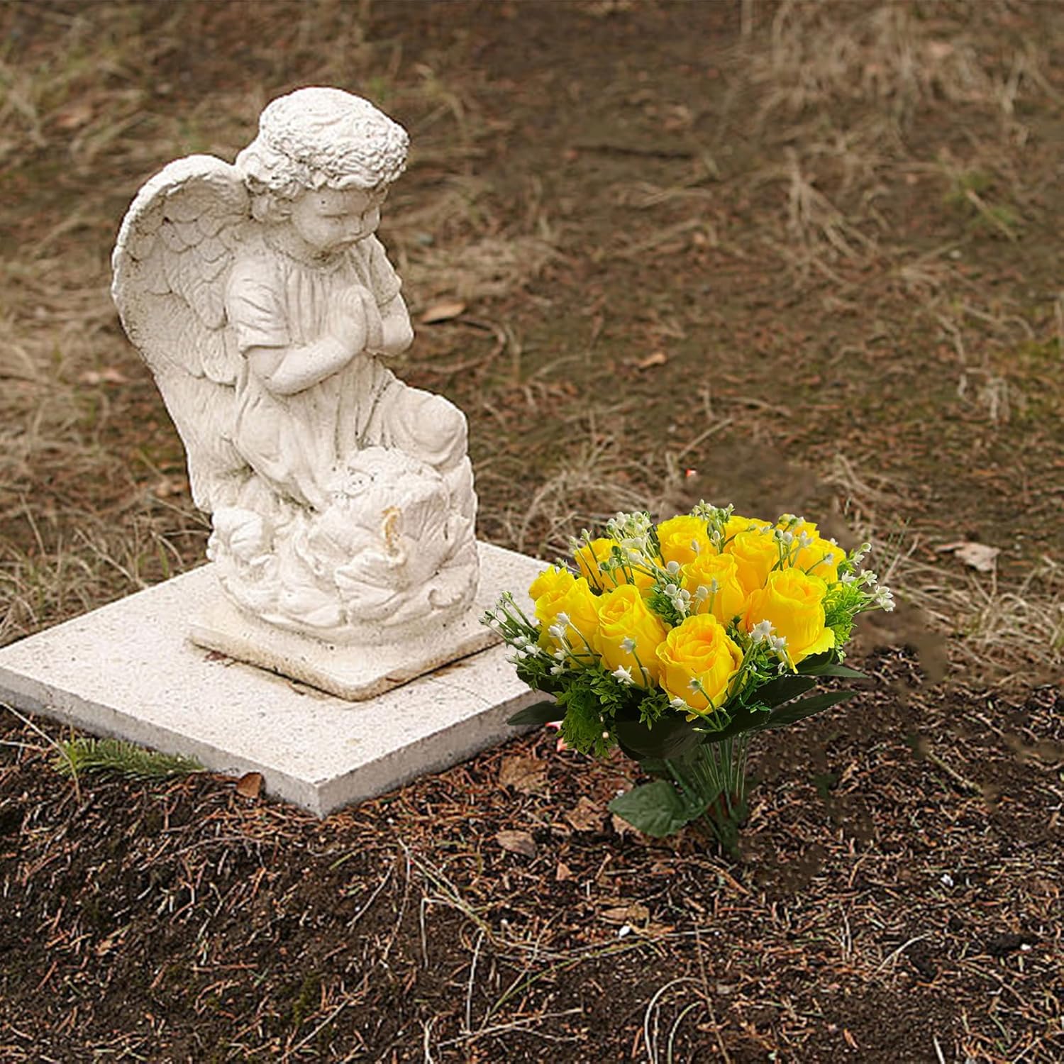 Artificial Flowers For Cemetery, Cemetery Flowers For Grave With 18 Silk Memorial Rose Flowers For Grave Vase Headstones Graveyard Decorations (Yellow)