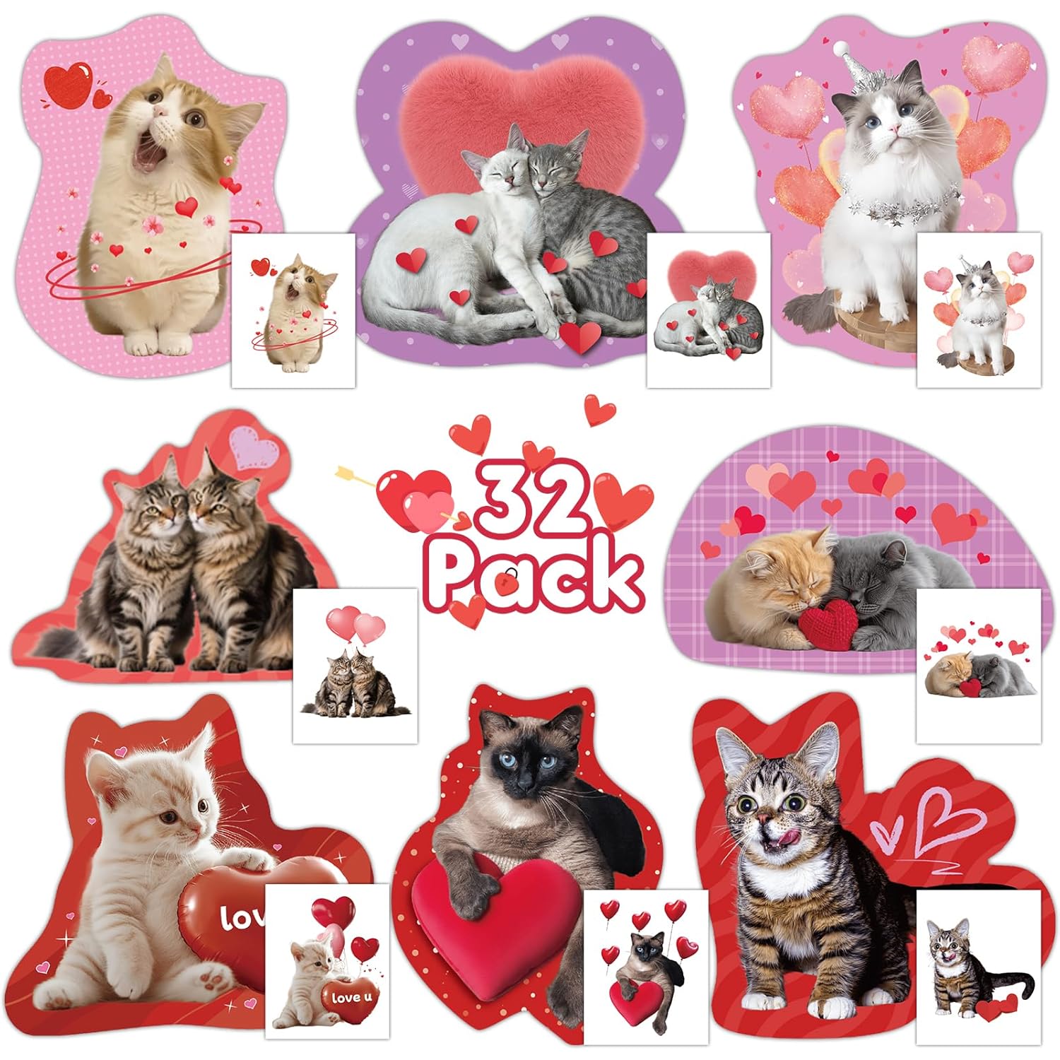 32 Pack Valentines Card For Kids Classroom, Pet Cats Valentines Cards With Tattoos Envelopes, Happy Valentine Cards For Kids School, Party Exchange Favors Gifts For Boys Girls