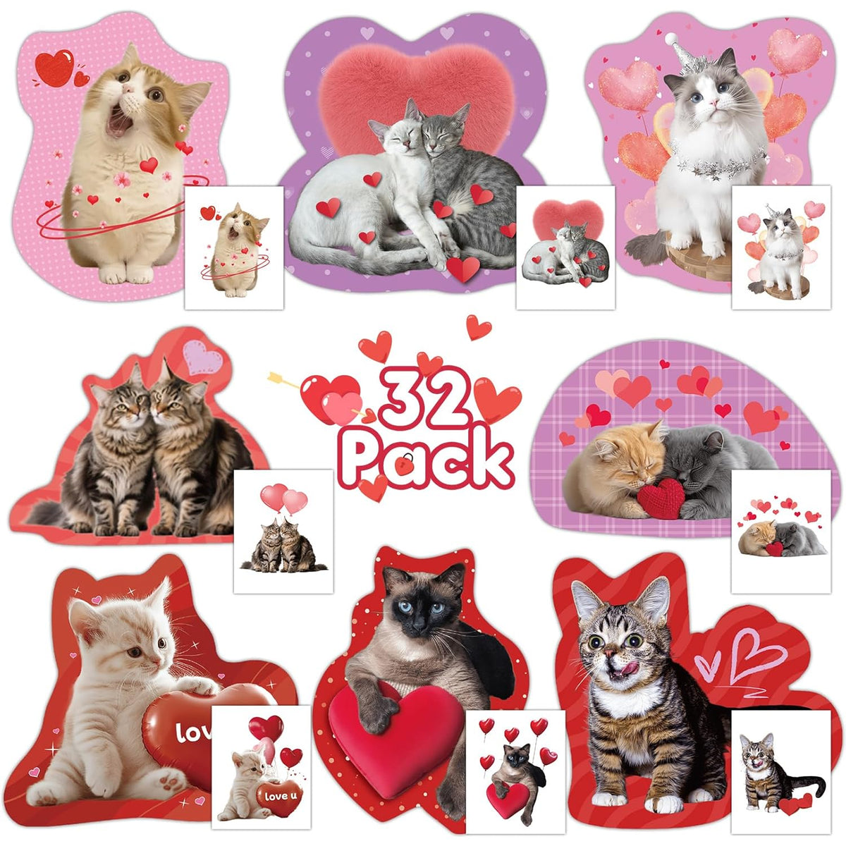 32 Pack Valentines Card For Kids Classroom, Pet Cats Valentines Cards With Tattoos Envelopes, Happy Valentine Cards For Kids School, Party Exchange Favors Gifts For Boys Girls