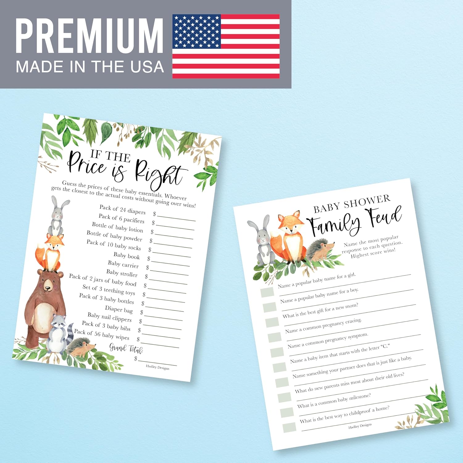 Hilarious Baby Shower Games Set – 20 Double-Sided Cards For 20 Guests, 2 Games, The Price Is Right Baby Shower Game, Family Feud, Gender Neutral And Fun For Boys & Girls (Woodland)