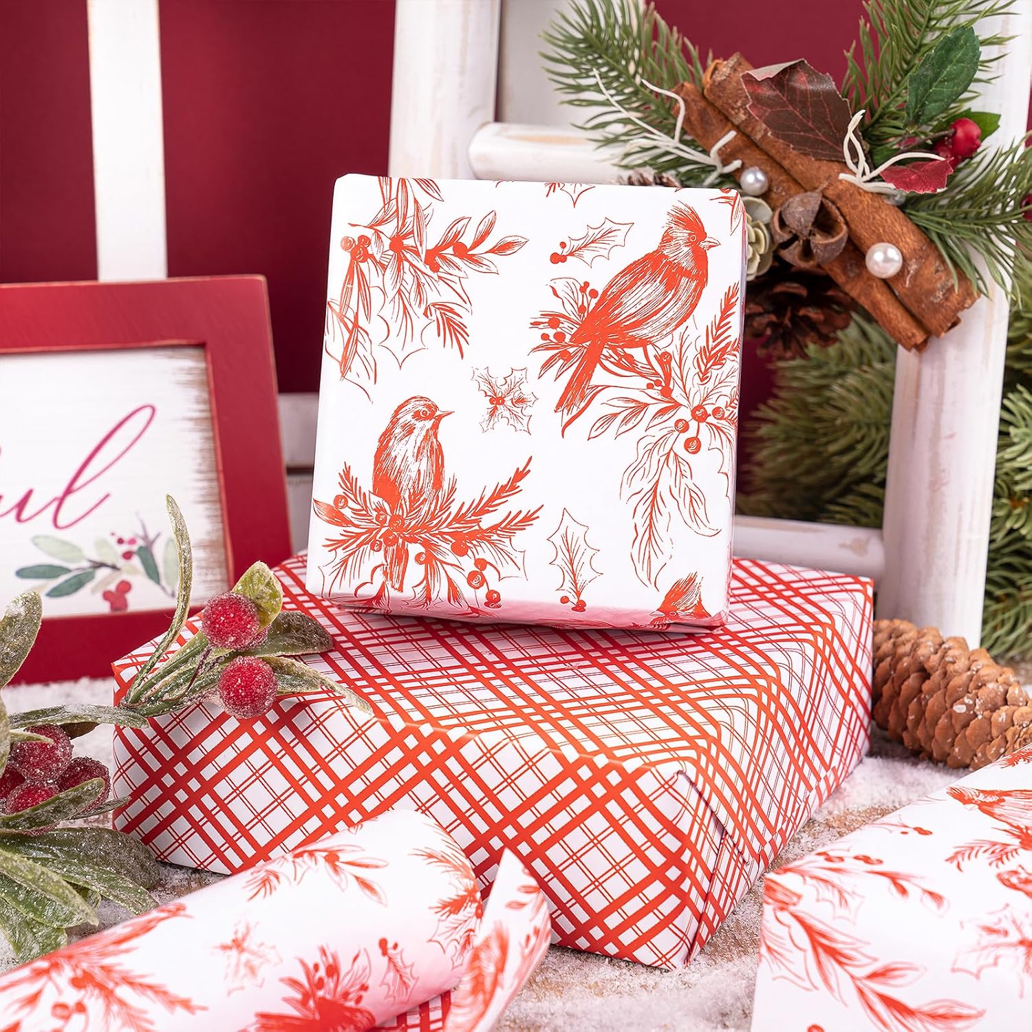 Reversible Christmas Wrapping Paper Roll, Mini Roll, Vintage Red Botanical Bird And Pinecone Design, Red White Plaid Pattern Gift Wrap Paper For Elegant Holiday Gifts, 17 Inches X 32.8 Feet