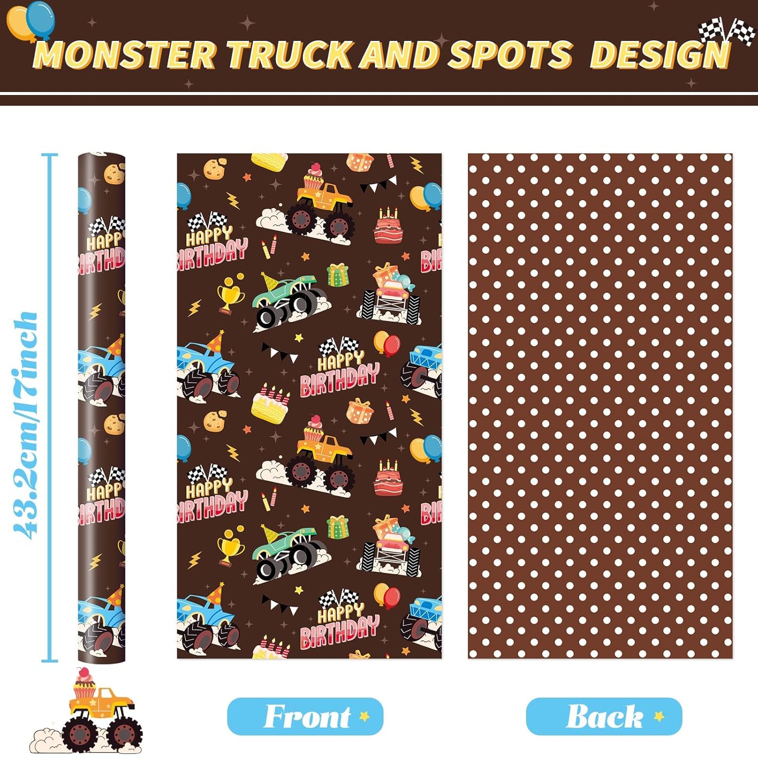 Monster Truck Wrapping Paper Roll - 1 Roll 17” X 33 Ft Brown Happy Birthday Wrapping Paper For Boys Kids Reversible Monster Trucks Gift Wrap For Racing Car Party Decorations Supplies