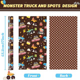 Monster Truck Wrapping Paper Roll - 1 Roll 17” X 33 Ft Brown Happy Birthday Wrapping Paper For Boys Kids Reversible Monster Trucks Gift Wrap For Racing Car Party Decorations Supplies