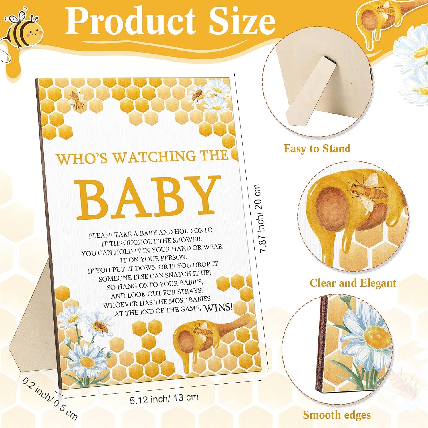 51 Pcs Cool Baby Shower Games Who'S Watching The Baby Sign Wooden Gift Sets Gender Reveal Party Favors 50 Tiny Plastic Babies Small Mini For Party Decors(Bee)