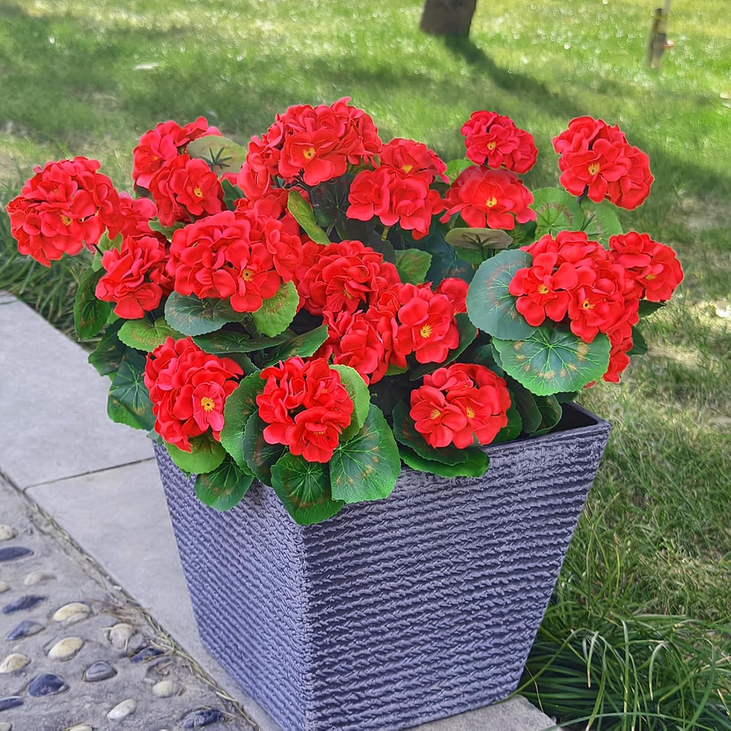 Fake Outdoor Flowers, 4 Pcs Artificial Flowers For Outdoors, Red Artificial Geraniums Plastic Flowers, Fake Plant For Outside, Silk Faux Flowers For Outdoor Planters Uv Resistant For Front Porch