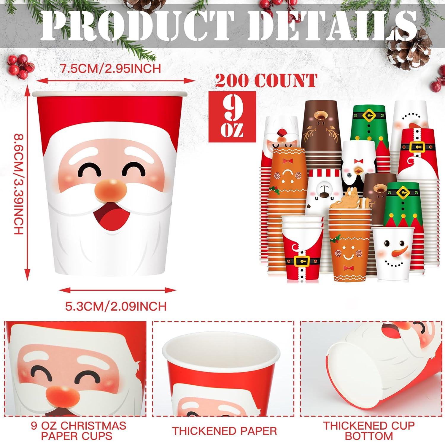 200 Pcs Christmas Paper Cups Xmas Disposable Coffee Cups 9 Oz Santa Snowman Elk Disposable Christmas Paper Drinkware For Tea Beverage Cocoa Cold Hot Drink