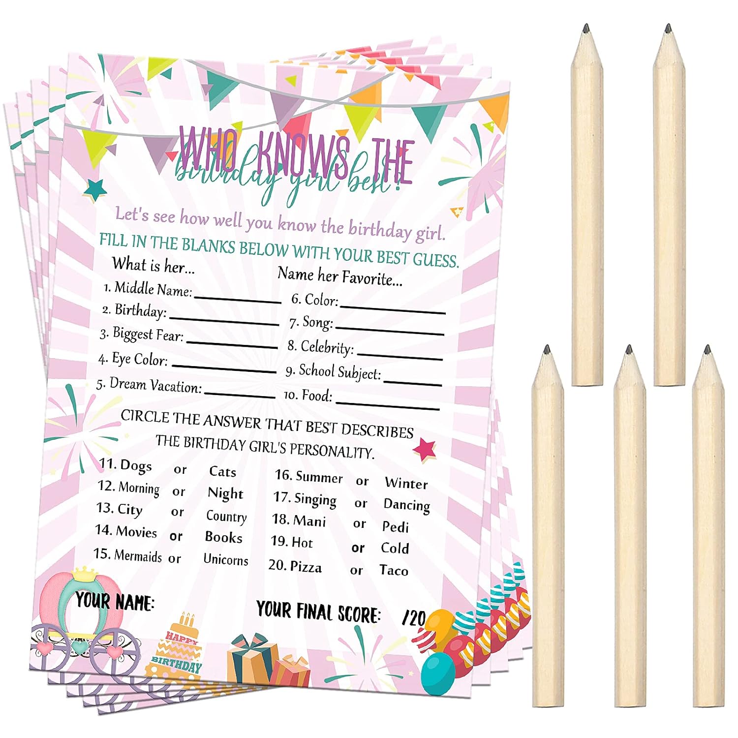 Who Knows The Birthday Girl Best, 50 Pieces Birthday Party Activity Game Card Set Girly Pink Sprinkles Themed Game Card With 20 Pieces Pre-Pointed Wood Pencils For Teen Girl Sleepover Slumber Party