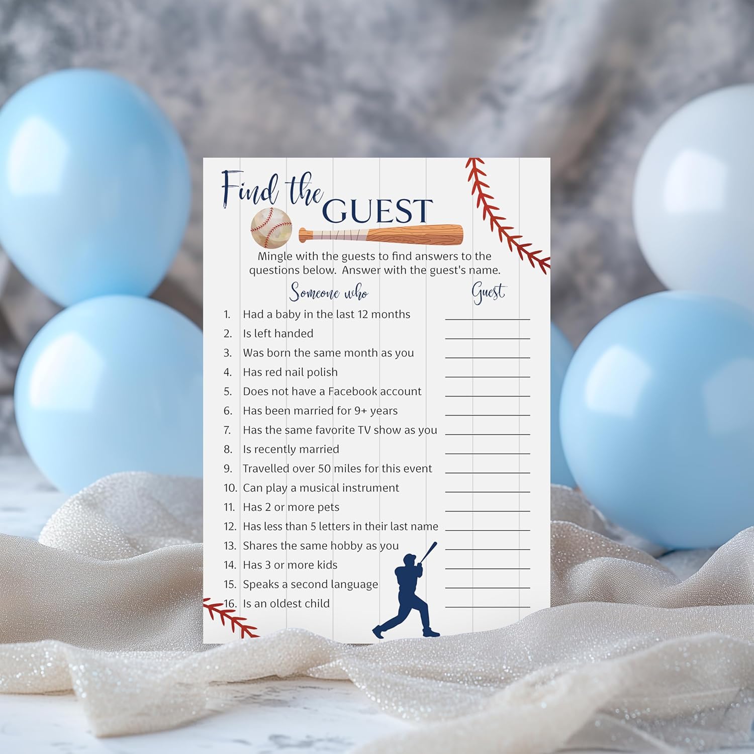 Baseball Baby Shower Games— Find The Guest Game — Pack Of 25 — Rustic Sports Blue Boy Baby Shower Activity, Icebreaker Party Game, Guess Who Came To The Party, Little Slugger Couples Shower G900-Ftg