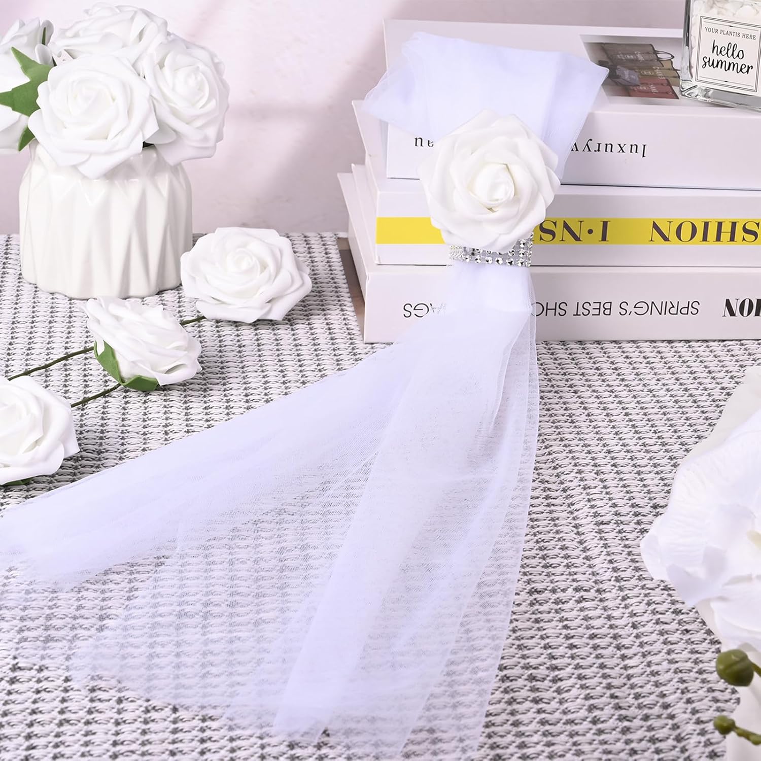 Wedding Aisle Decorations For Ceremony Set Of 24,Wedding Chair Pew Flowers Church Decorations With Artificial White Roses Flowers Rhinestone For Weddings Party Bench Pew Aisle Decor