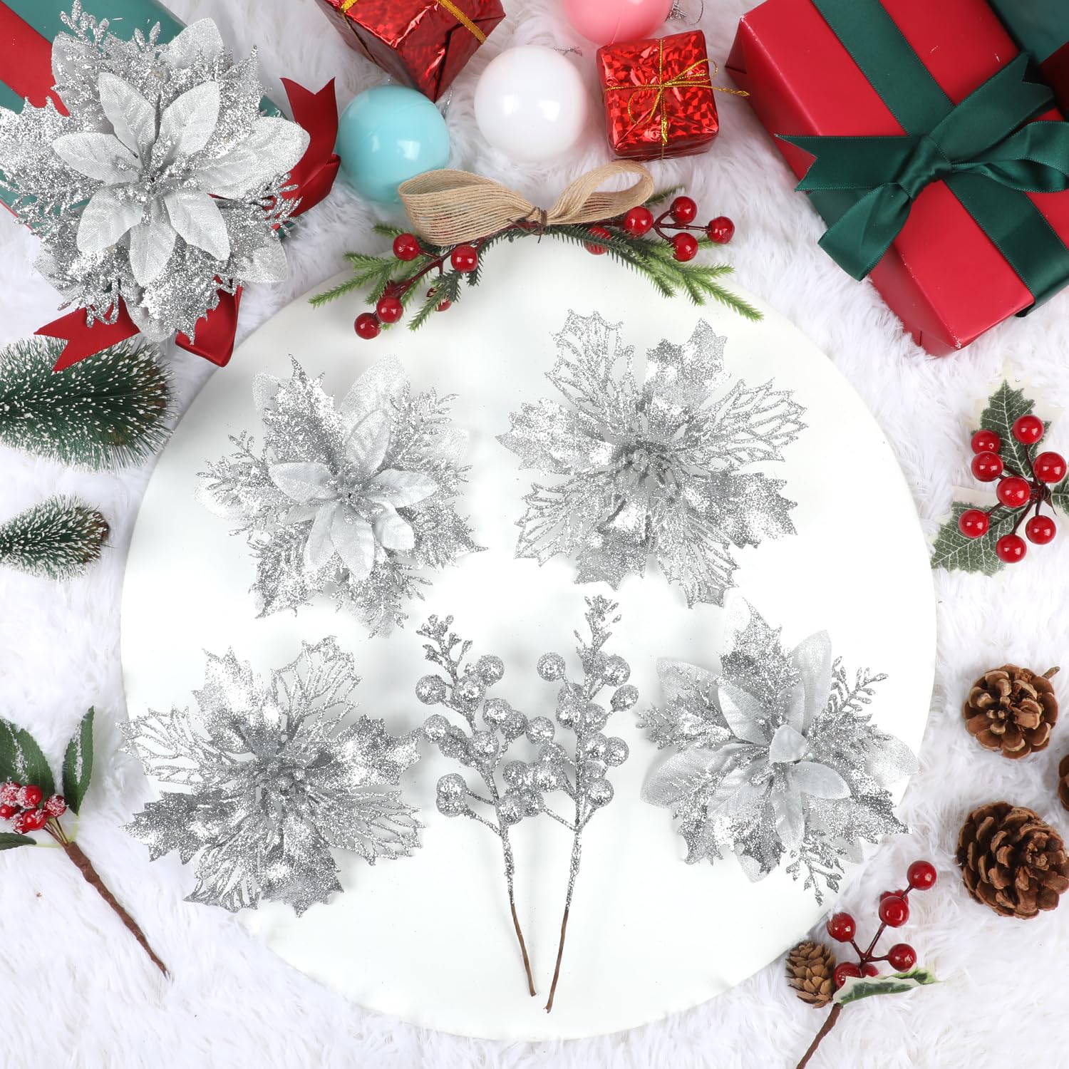22 Pcs Silver Christmas Poinsettia Artificial Flowers And Glitter Berries Stems Kit, Christmas Poinsettias Decorations And Christmas Tree Ornaments For Xmas Home Wedding Holiday Tree Decor