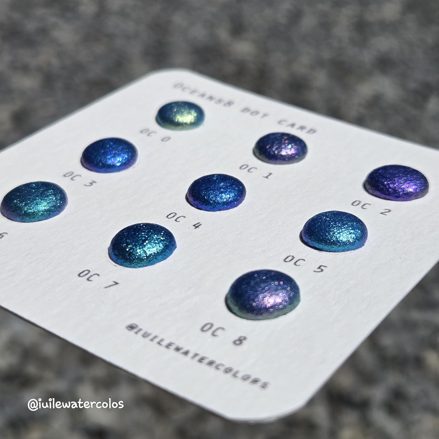 Handmade Watercolor Paints - Oceans 8 Dot Card (9 Colors). Color Shift, Metallic, Shiny, Shimmer
