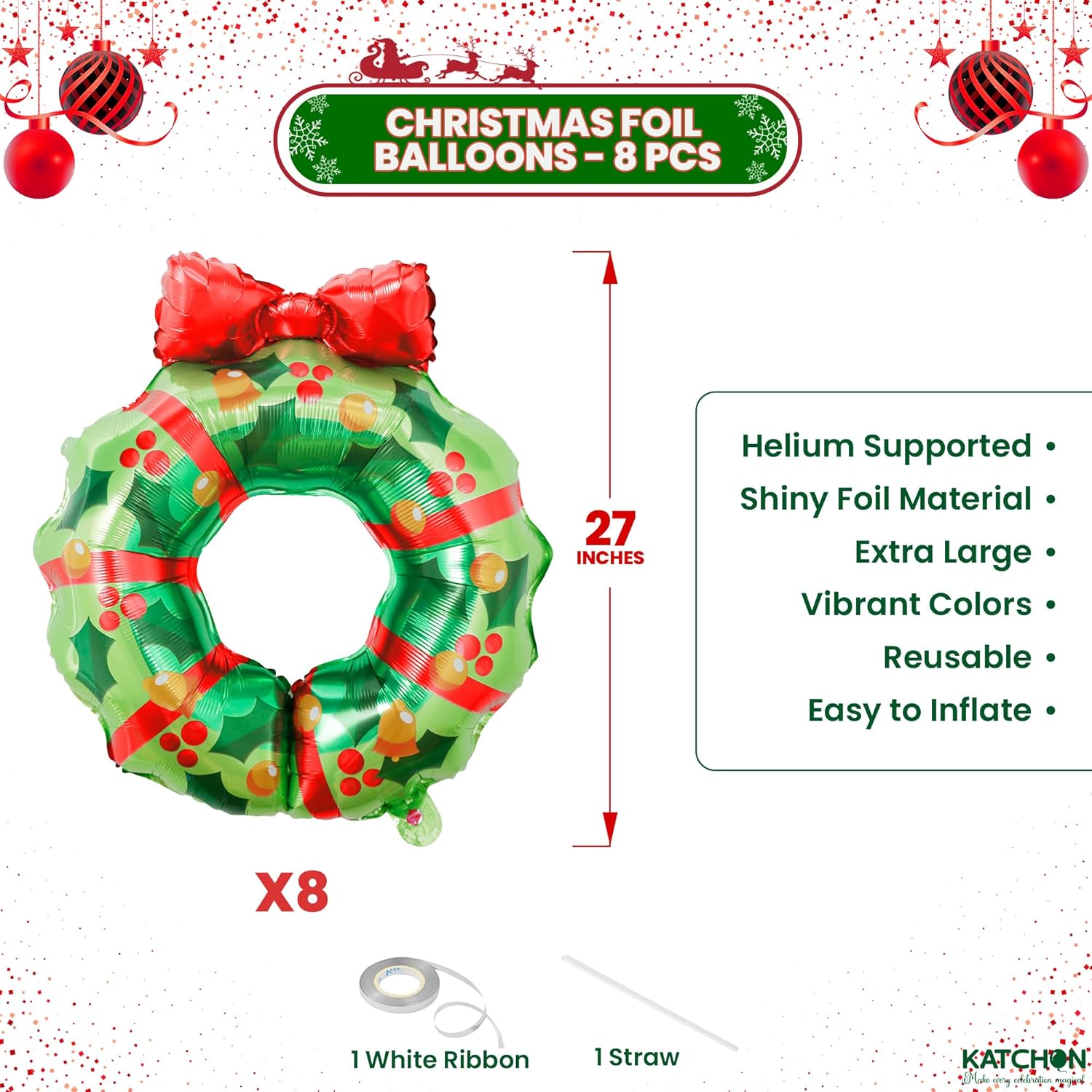 , Wreath Christmas Balloons – Pack Of 8 | Christmas Decorations Indoor | Wreath Balloons With Red Bow For Holiday Celebrations, Family Gatherings | Outdoor Xmas Decorations