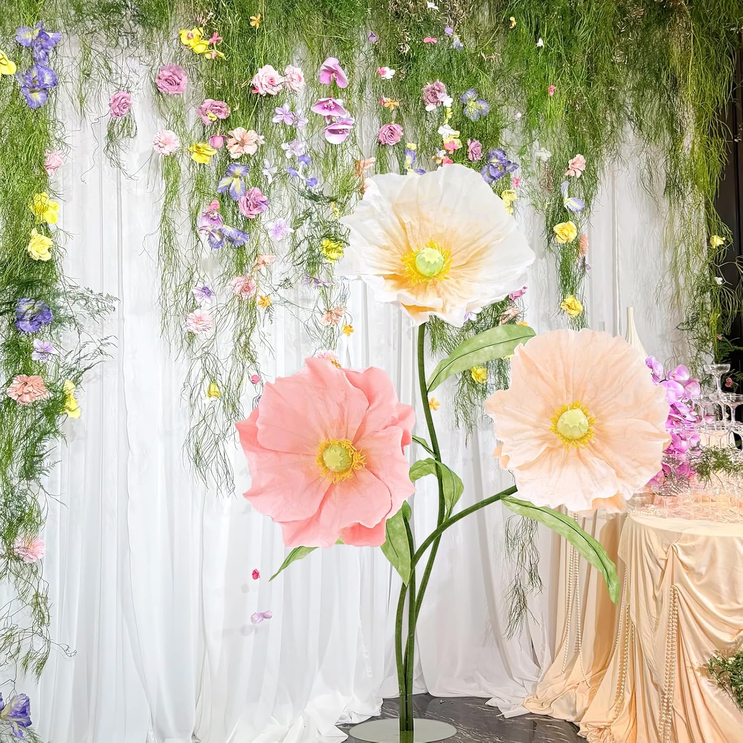 Large Giant Flowers Wedding: Paper Artificial Flowers Decoration 5.58Ft Standing Huge Handcrafted Roselle Garden Hotel Office Photography Props Art Gallery Shop Window Display(White|Champagne|Pink)