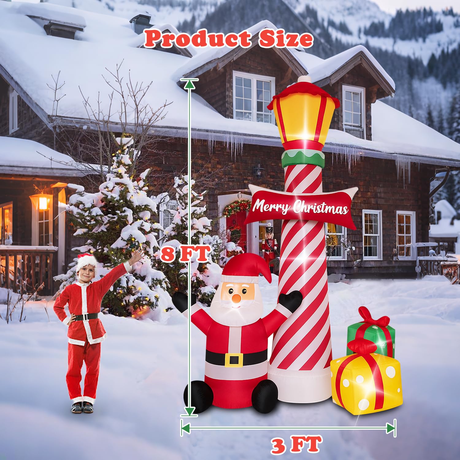 8Ft Christmas Decorations Outdoor Inflatables Giant Santa Claus Stands Under The Lighthouse With Gift Box, Blow Up Built