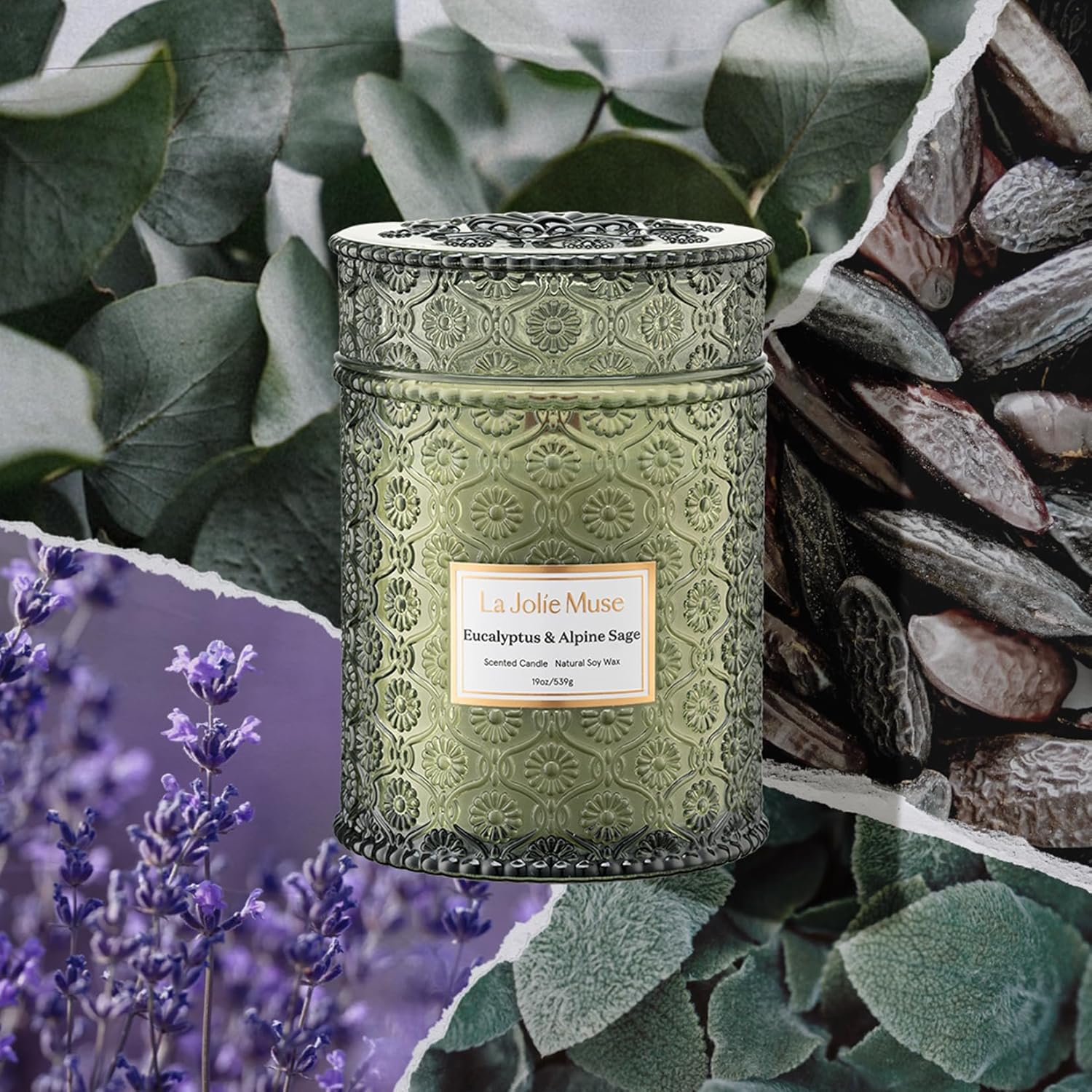Eucalyptus & Alpine Sage | Eucalyptus, Lavender & Sage Candle For Home Cleansing | 19 Oz Wooden Wick | Natural Soy Wax | 90 Hours Burn | Candle For Relaxation