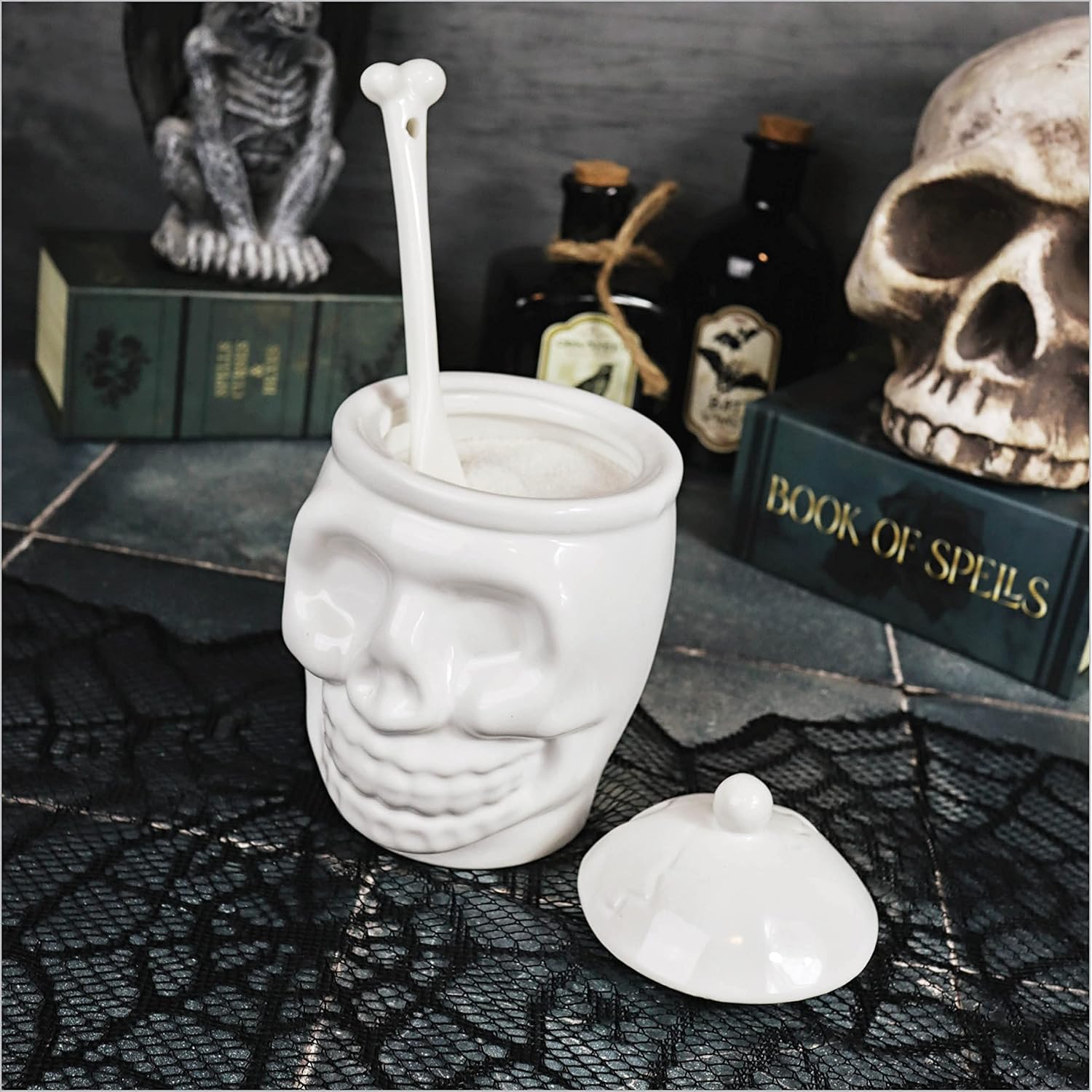 Sugar Skull Sugar Bowl With Bone Spoon - 12 Oz - Spooky Valentines Day Gift, Goth Decor - Witchy, Gothic Tea Set