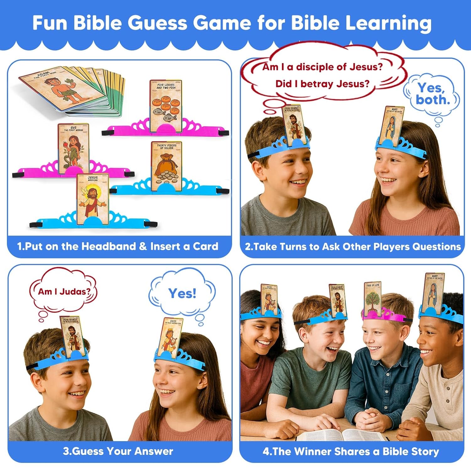 Bible Headbands Board Game For Kids, Bible Character & Item Guess Games, 66 Picture Keyword Cards W/Bible Stories & Verses, Biblical Who Am I Toys For Family Nights, Christian Easter Gifts
