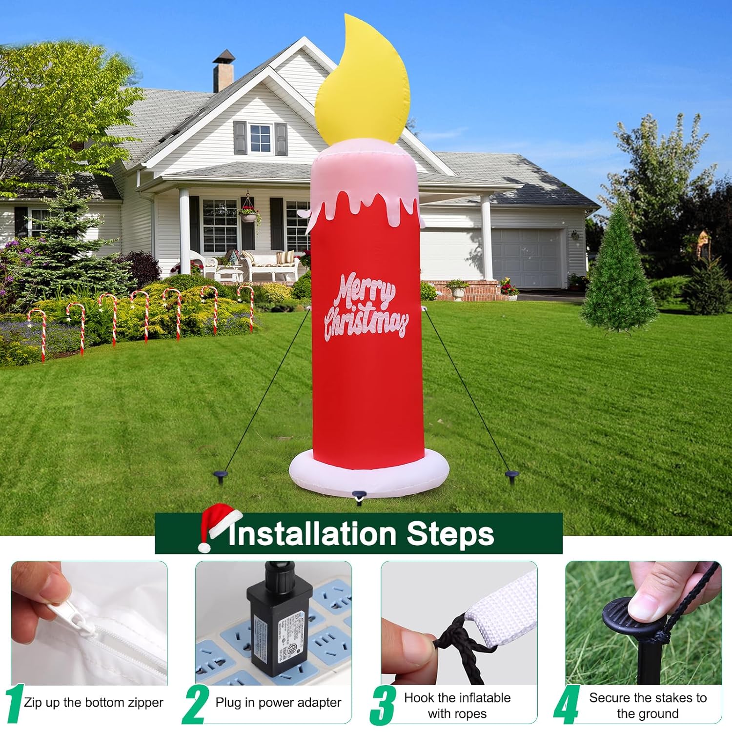 6 Ft Christmas Inflatable Candle With Merry Christmas Wishes, Blow Up Decor Outdoor, Built-In Bright Led Lights, Festiva