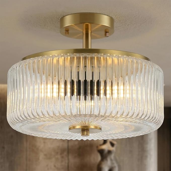 3 Light Gold Semi Flush Mount Ceiling Light Modern Clear Glass Hallway Fixture