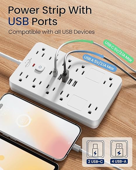 Surge Protector Power Strip 10 Outlets 6 USB Ports 2 USB C 6FT Extension Cord Black
