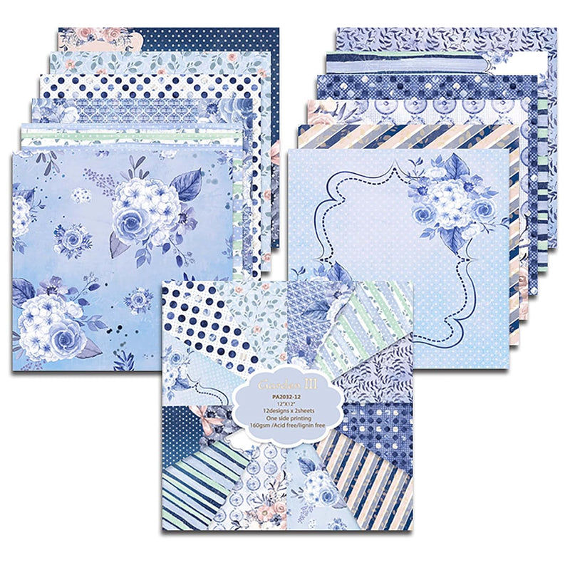 Blue Floral Scrapbook Paper 12-Inches, Single-Sided Cardstock Journaling Suppl