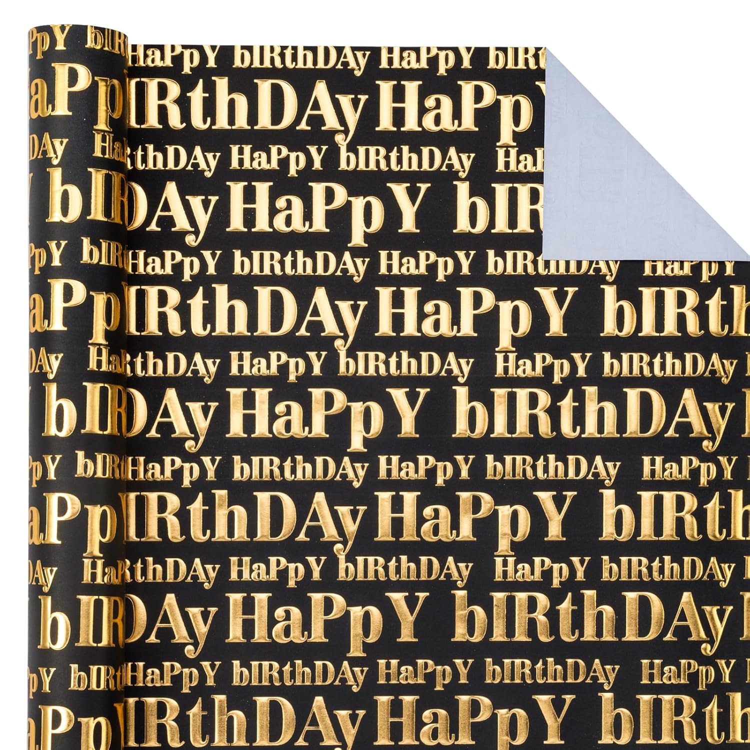 3D Kraft Birthday Wrapping Paper Roll - Mini Roll - 17 Inch X 16.5 Feet - Gold And Black Happy Birthday Lettering Design With Embossed Perfect For Holiday, Party Celebration