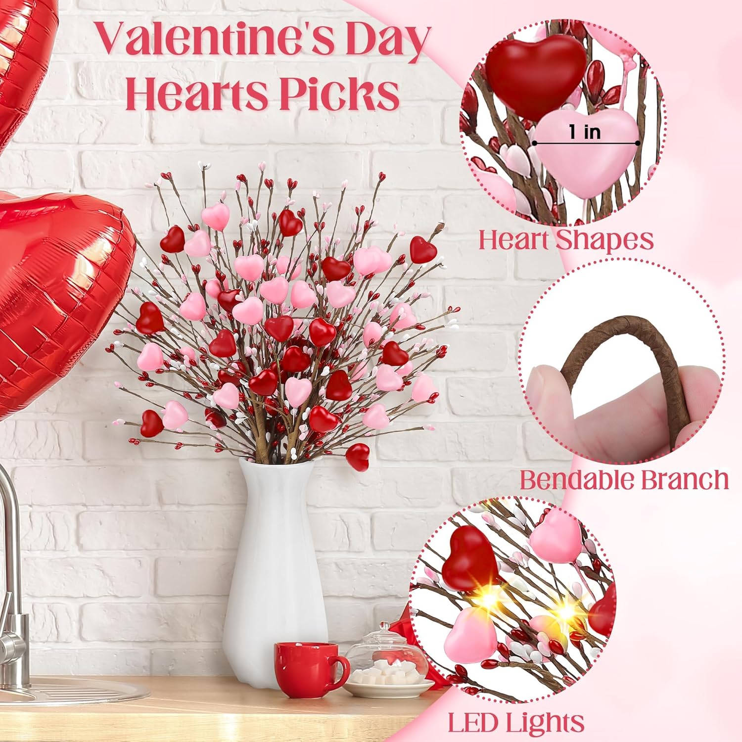 8 Pieces Artificial Hearts Berry Picks With Led Lights Gifts Red Pink Heart Berry Stem Branches For Decorations Bouquets Wedding Home Decor