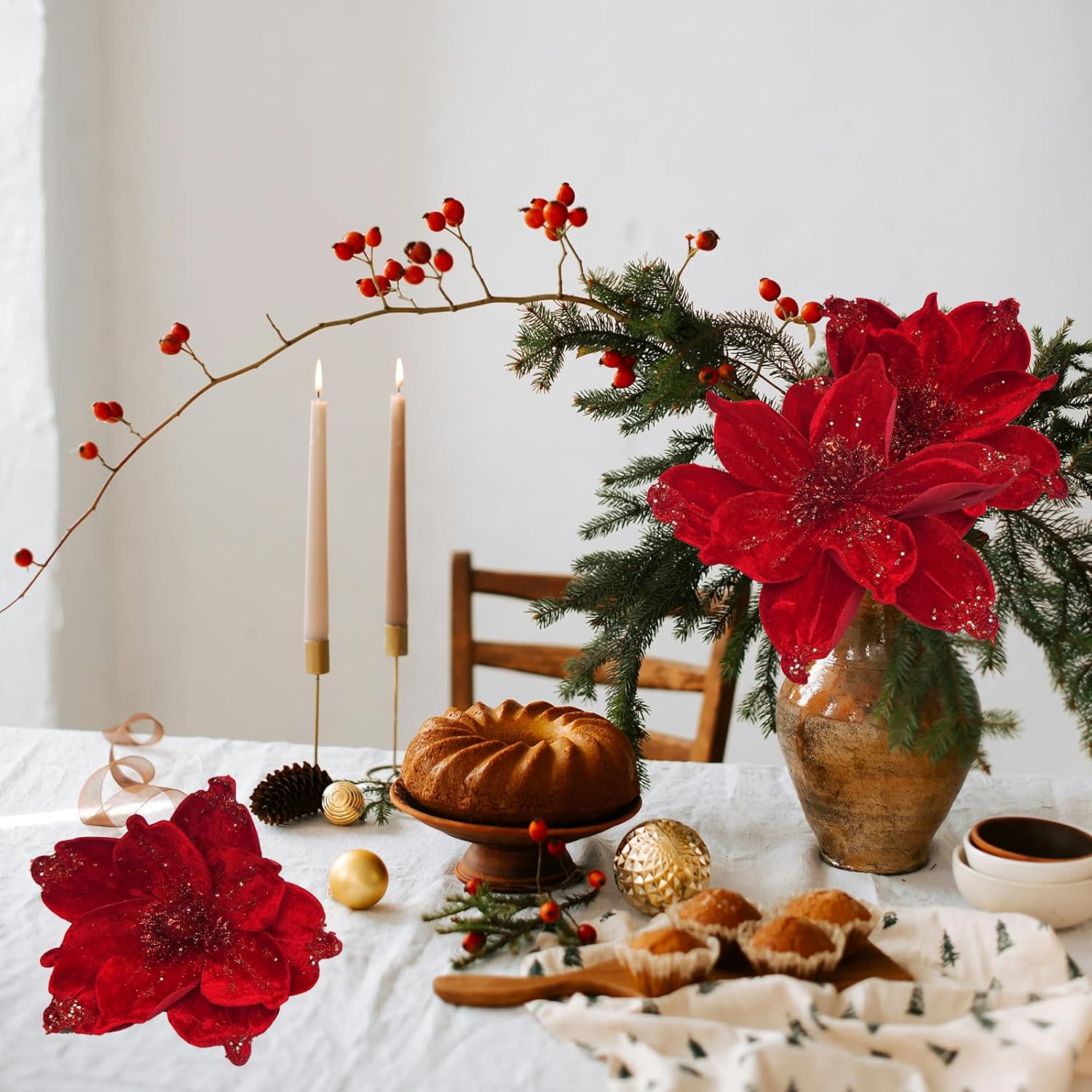 Magnolia Glitter Flowers 6Pcs Single Stem Christmas Flowers For Home Table Festivals Indoor Outdoor Decor (Red)