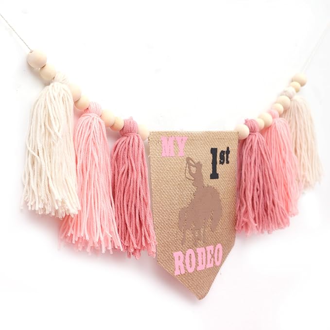 My First Rodeo High Chair Banner — Pink Tassel Cowgirl 1st Birthday Decor