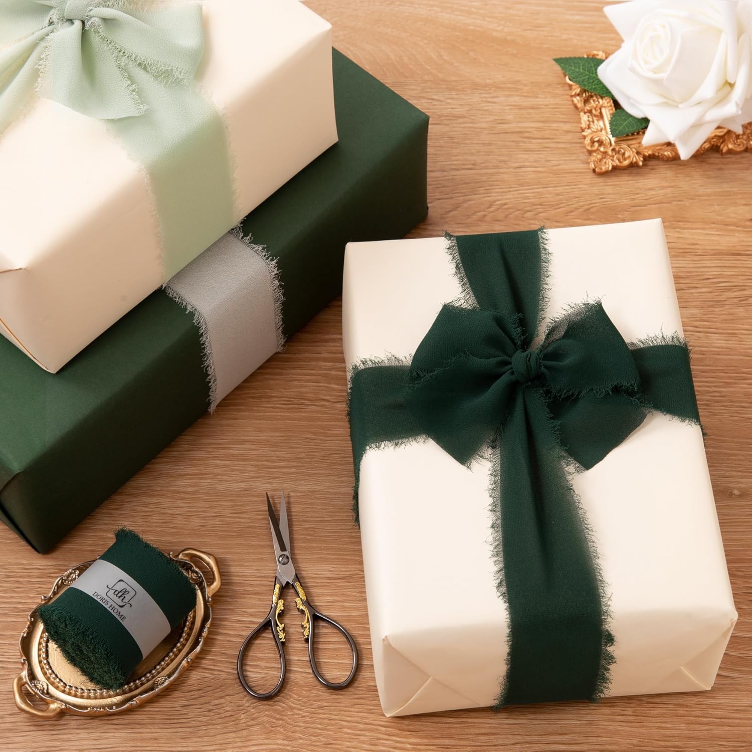 Dark Green Chiffon Ribbon For Flower Bouquet, 2" X21Yd Fabric Ribbon For Gift Wrapping, Handmade Frayed Ribbon For Wedding/Christmas Decorations