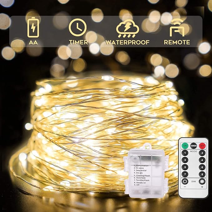 66FT Battery Operated Fairy Lights 200 LED Warm White String Lights with Remote for Bedroom Patio Wedding Decor