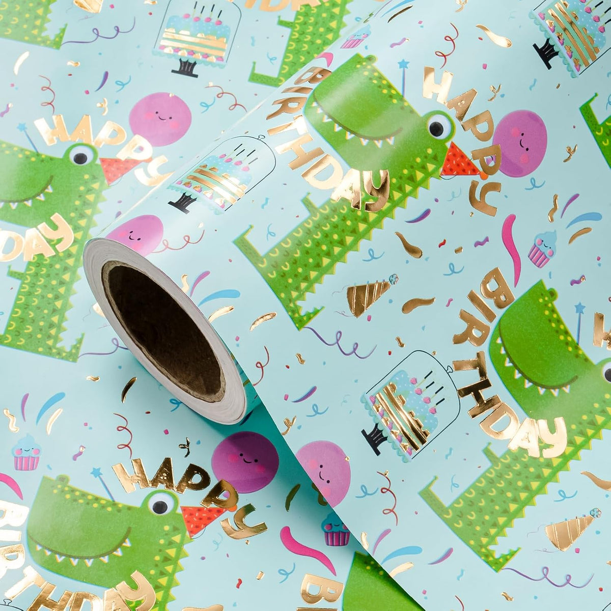 Dinosaur Wrapping Paper Roll - Mini Roll - 17 Inch X 16.5 Feet - Gold Foil Happy Birthday Dinosaur Design For Kids Girls Boys Birthday, Baby Shower