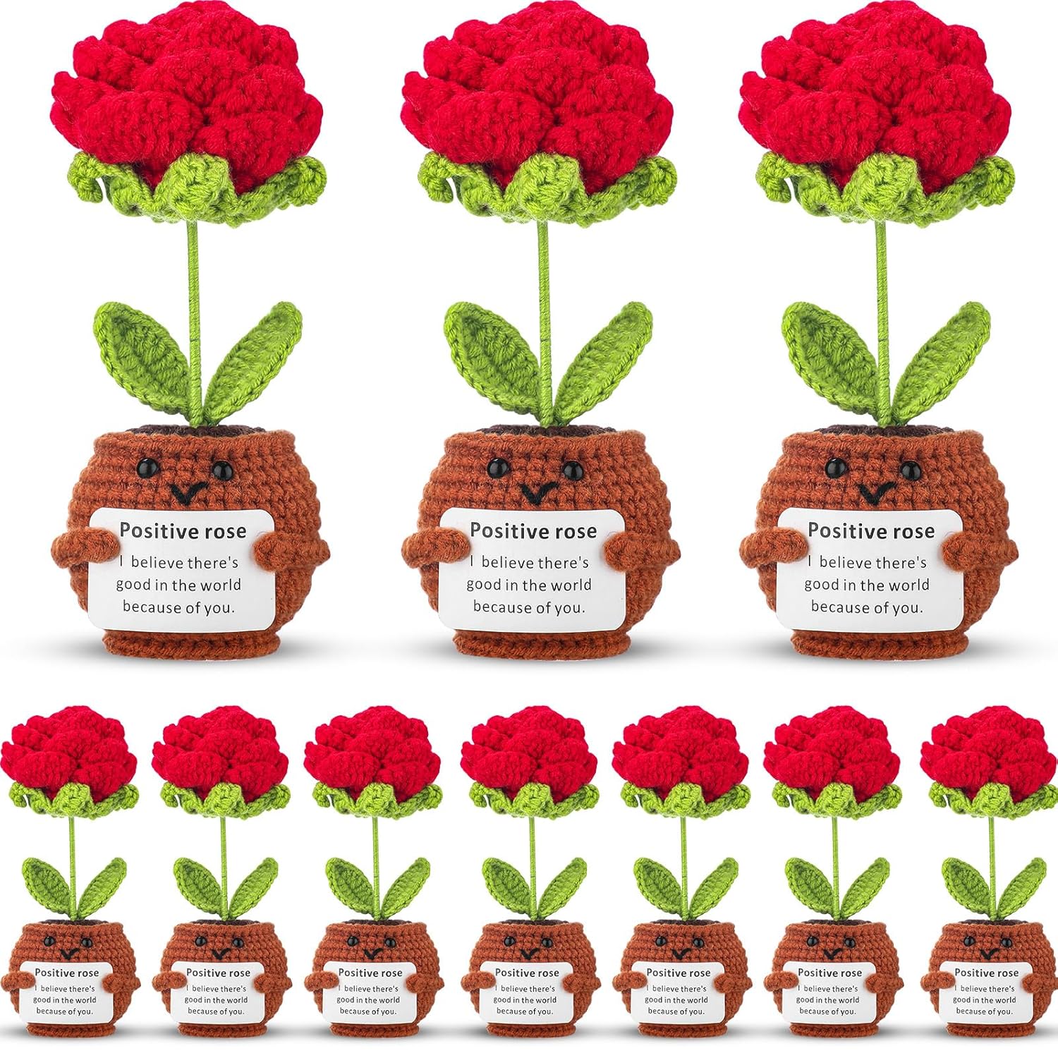 10 Pcs Valentine Positive Rose Crochet Gifts Bulk, Handmade Knitted Flowers With Inspirational Quotes For Galentine, Teacher & Coworker Appreciation, Desk Decor