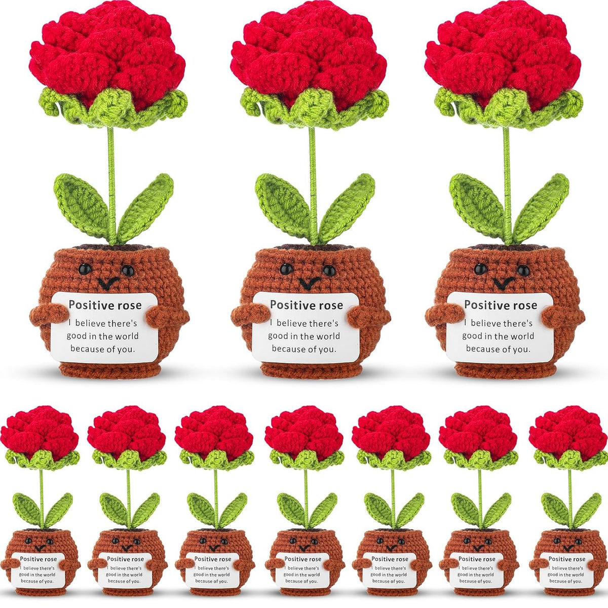 10 Pcs Valentine Positive Rose Crochet Gifts Bulk, Handmade Knitted Flowers With Inspirational Quotes For Galentine, Teacher & Coworker Appreciation, Desk Decor