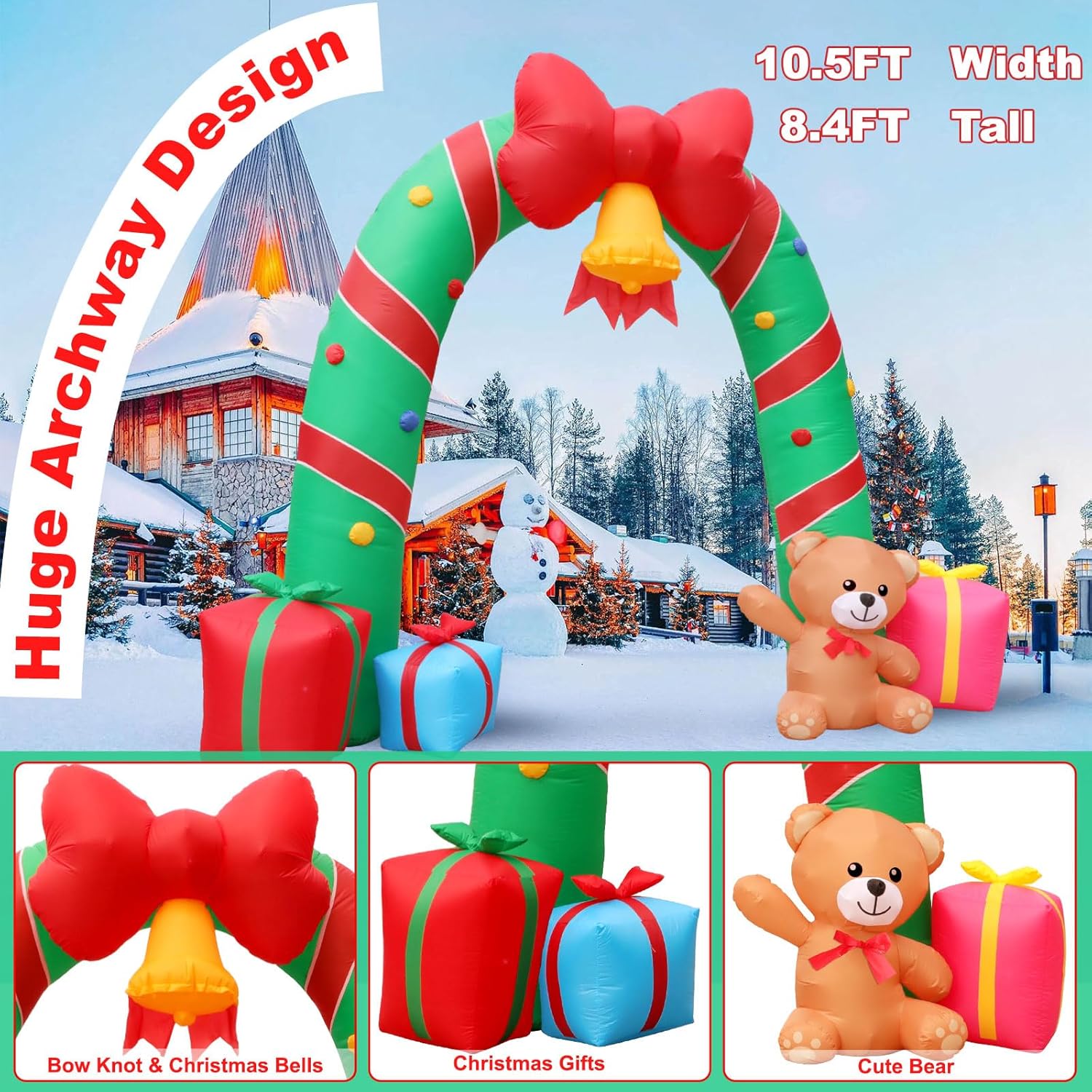 Christmas Candy Cane Archway Inflatables - 10Ft With Bow Bells, Led Lights - Outdoor Decorations For Xmas Garden Lawn