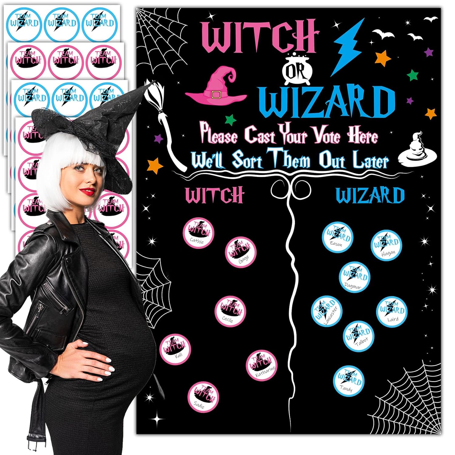 Witch Or Wizard Gender Reveal Games With 48 Voting Stickers, Halloween Baby Gender Reveal Decorations, Boy Or Girl Gender Reveal Ideas, Gender Reveal Voting Board Party Supplies