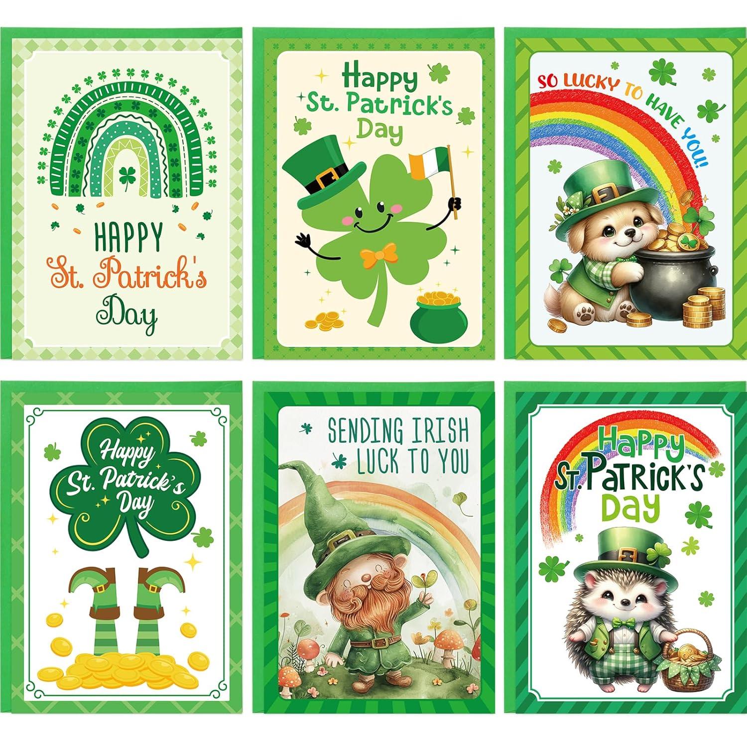 Treasure Cove St Patricks Day Cards Green Cartoon Animal Greeting Card with Envelopes and Stickers for Irish Holiday Supplies Party Favors 12Pcs