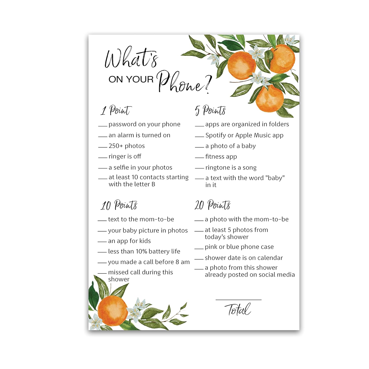 A Little Cutie Theme — What'S On Your Phone Baby Shower Game — Pack Of 25 — Citrus Orange Baby Shower Games, Boho Gender Neutral Cutie Shower Activity, Couples Shower Co-Ed Shower Coed G350-Phn