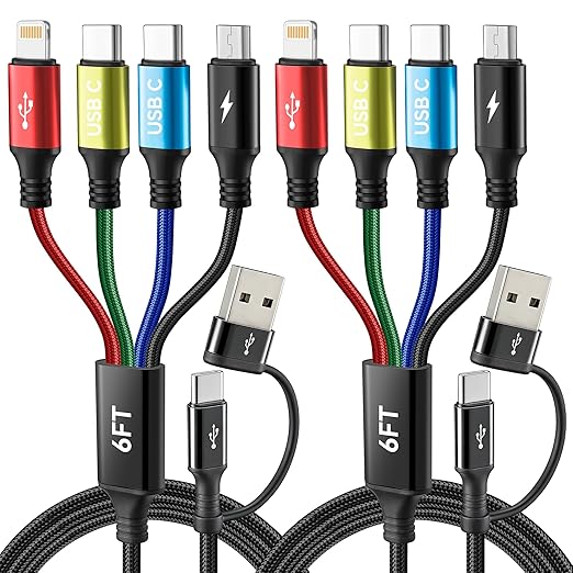 2 Pack 6FT 4 in 2 Multi Charging Cable with USB C Lightning Micro USB for iPhone Android iPad