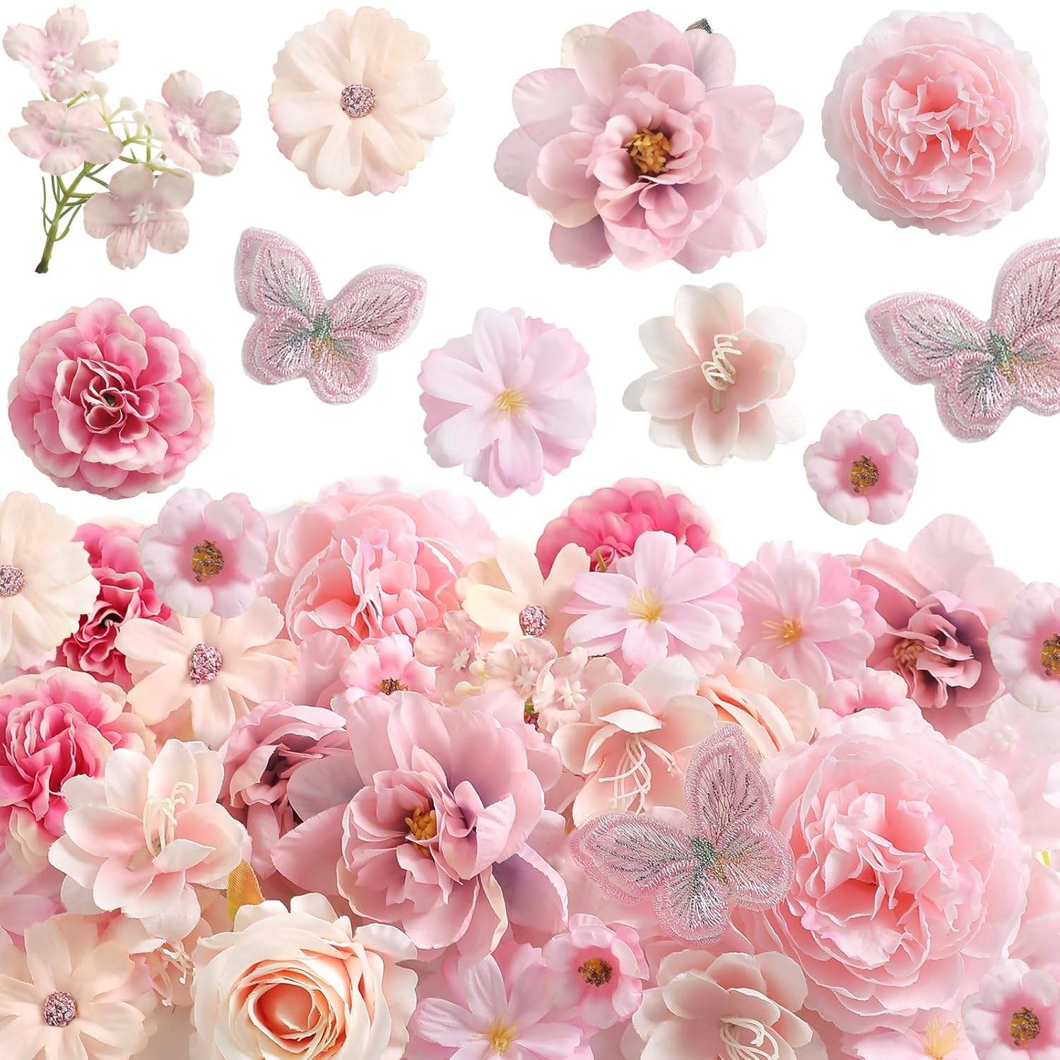 Artificial Silk Flower Heads For Crafts – Faux Roses, Daisies & Mini Floral Heads Bulk For Wedding, Graduation Cap, Cake Topper, Summer Party Decorations (Pink 1)