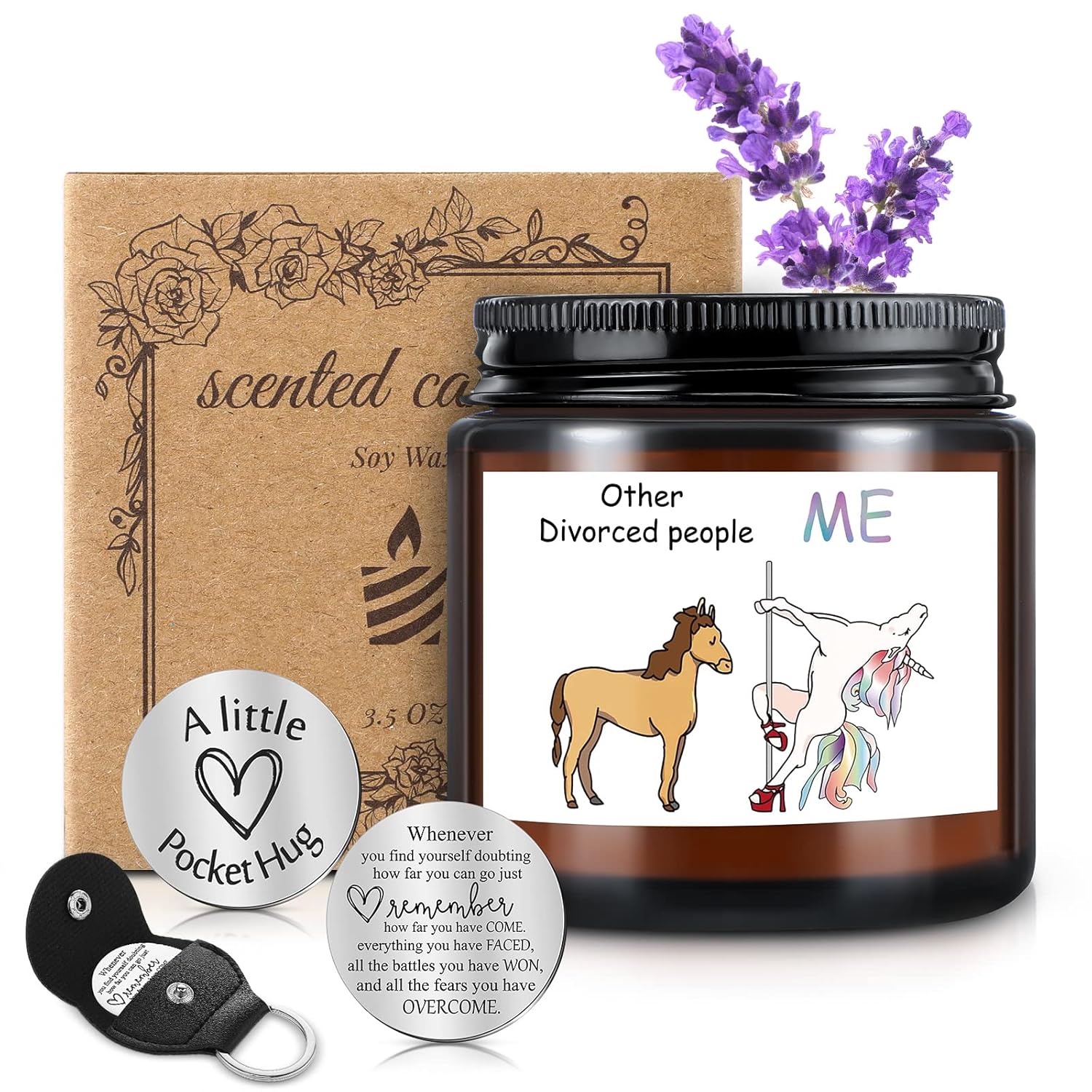 3 Pcs Divorce Lavender Scented Candle Gifts For Women Funny Scented Candles Pocket Hug Token And Pu Leather Keychain Breaking Up Gifts For Friends Sister Coworker Men Female (Classic)