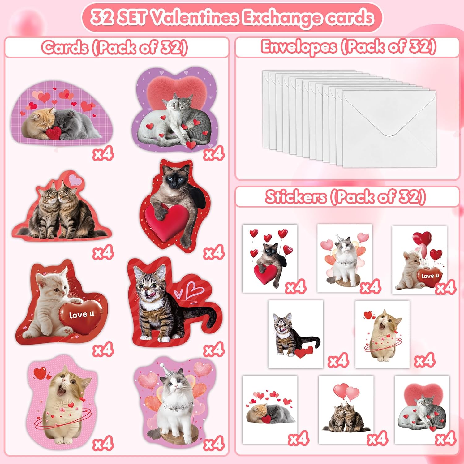 32 Pack Valentines Card For Kids Classroom, Pet Cats Valentines Cards With Tattoos Envelopes, Happy Valentine Cards For Kids School, Party Exchange Favors Gifts For Boys Girls