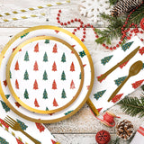 202 Pcs Christmas Party Supplies Merry Bright Banner Xmas Tree Print Paper Plates Napkins Cups Straws Knives Forks Disposable Christmas Dinnerware Set Serves 25 Guests Xmas Holiday Decorations