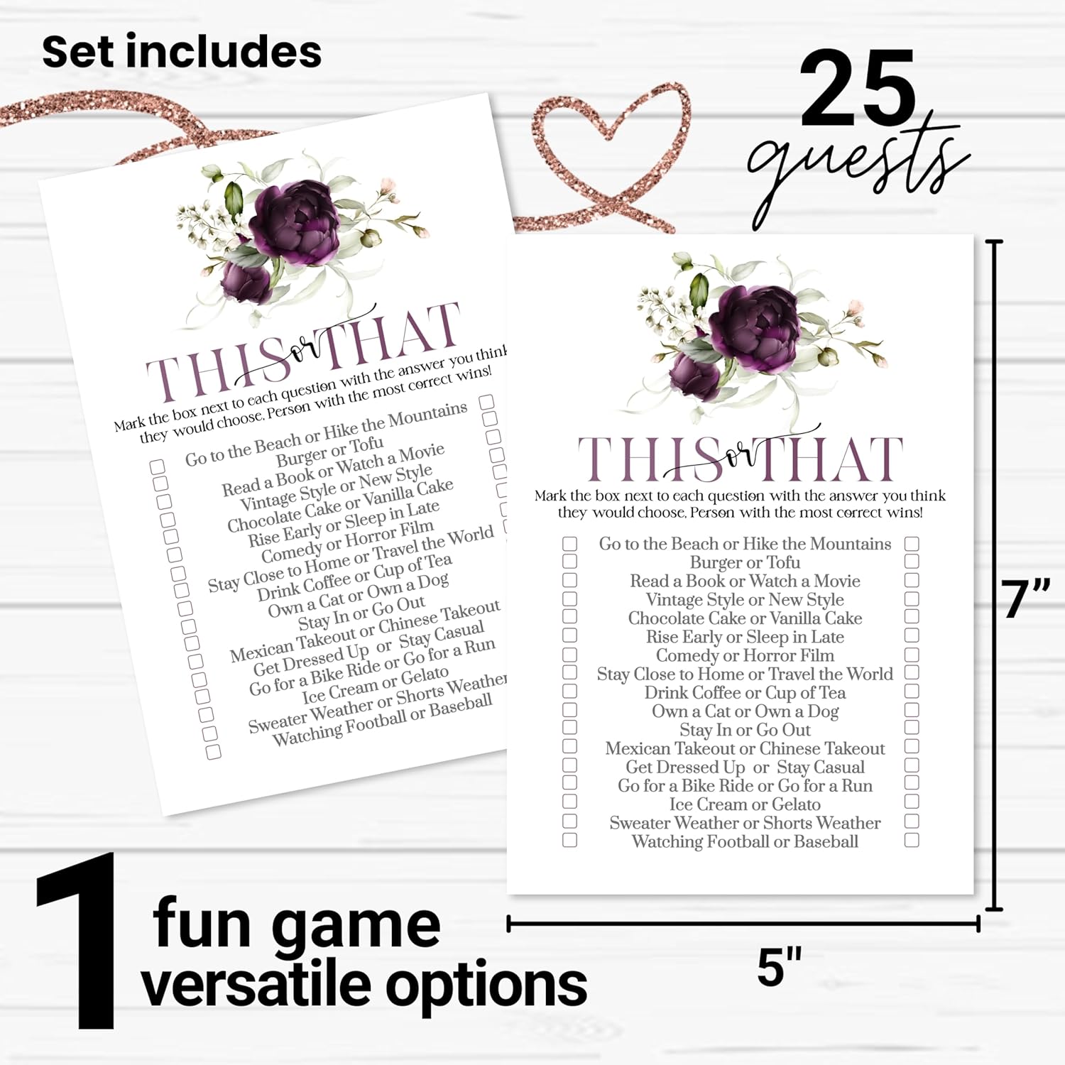 Purple Passion Bridal Shower Games - Would She Rather & This Or That Game - 25 Card Pack For Graduation Parties, Rehearsal Dinners & Birthdays - Modern Floral Design