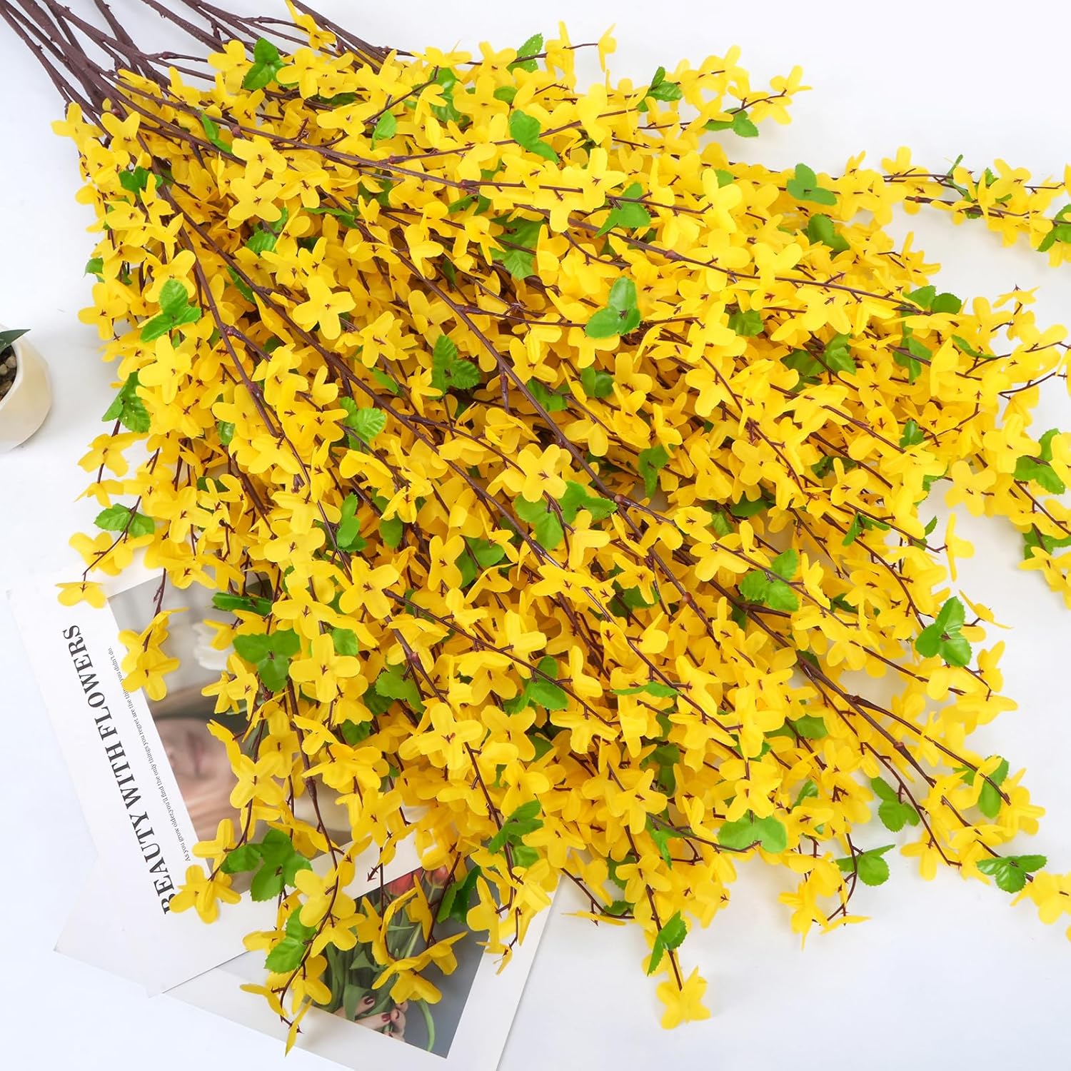 10Pcs 34.65'' Artificial Forsythia Branches Yellow Flowers Fake Forsythia Blossom Long Stems Fake Winter Jasmine Cemetery Flowers For Home Table Wedding Graveyard Indoor Outdoor Decor