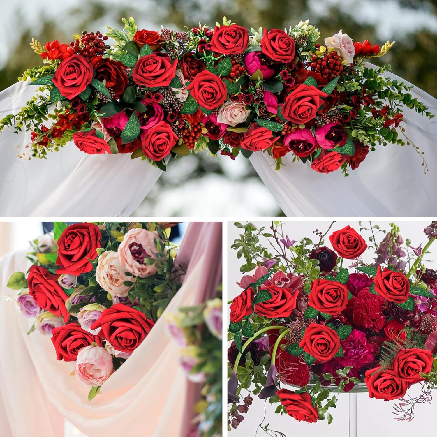 Wlt 25Pcs Red Roses Artificial Flowers Bulk For Christmas Decorations Indoor Outdoor, Dark Red Fake Roses Real Looking Foam Rose With Stems Diy Wedding Bouquets Floral Valentine'S Day