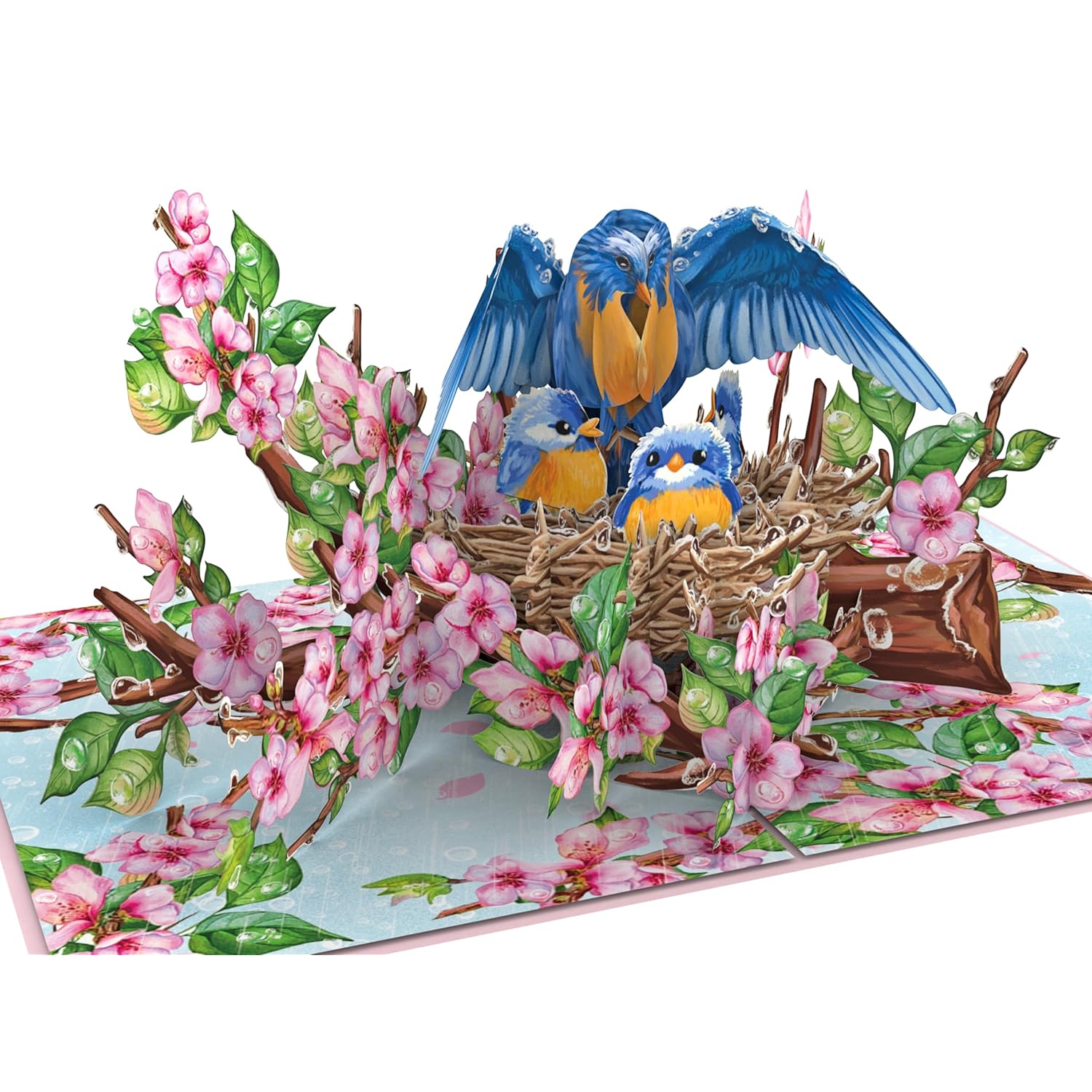 Nesting Birds Cherry Blossom 3D Pop-Up Card 5" X 7", Mother’S Day Greeting For Mom, Wife, Grandma, Beautiful Bluebird Family Floral Design With And Note Card